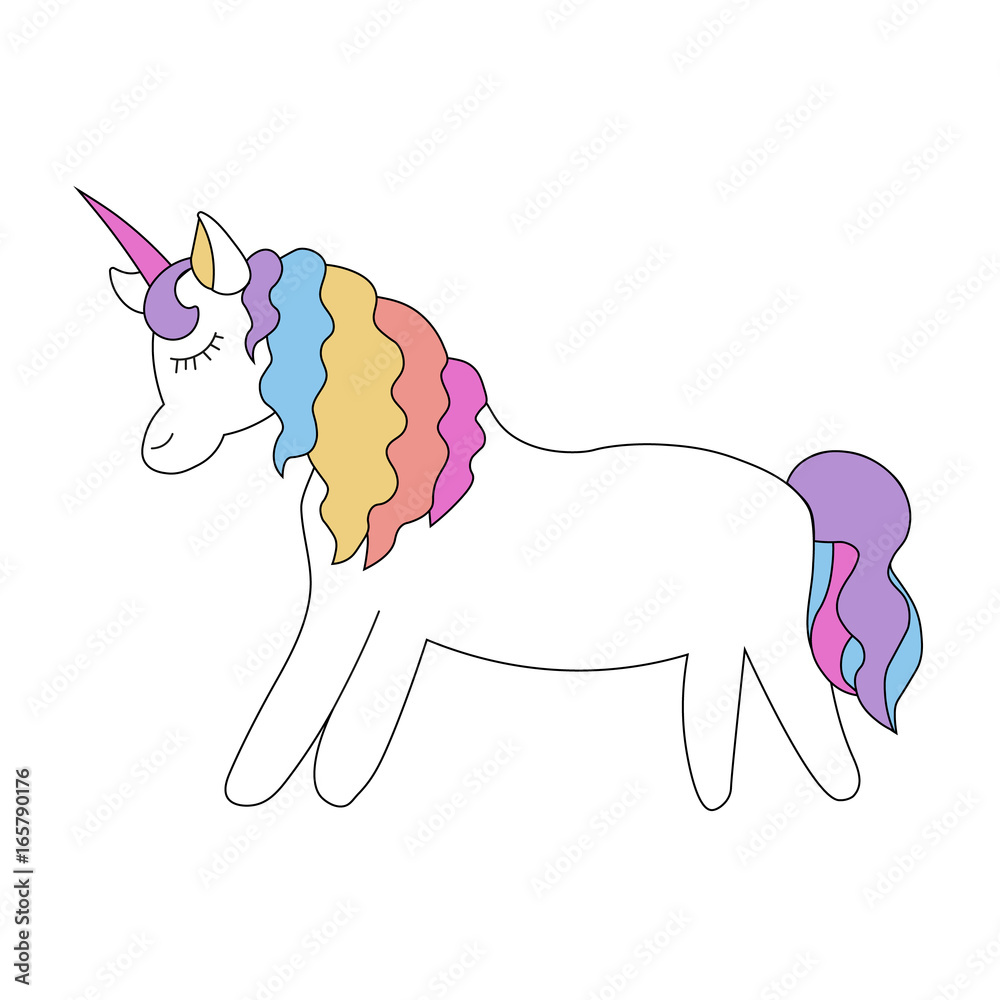 Flat simple unicorn isolated on white background. Rainbow color outline  icon of kind animal in the cartoon style. Vector unicorn illustration.  Sleeping white cute horse image in a simple style. Stock Vector |