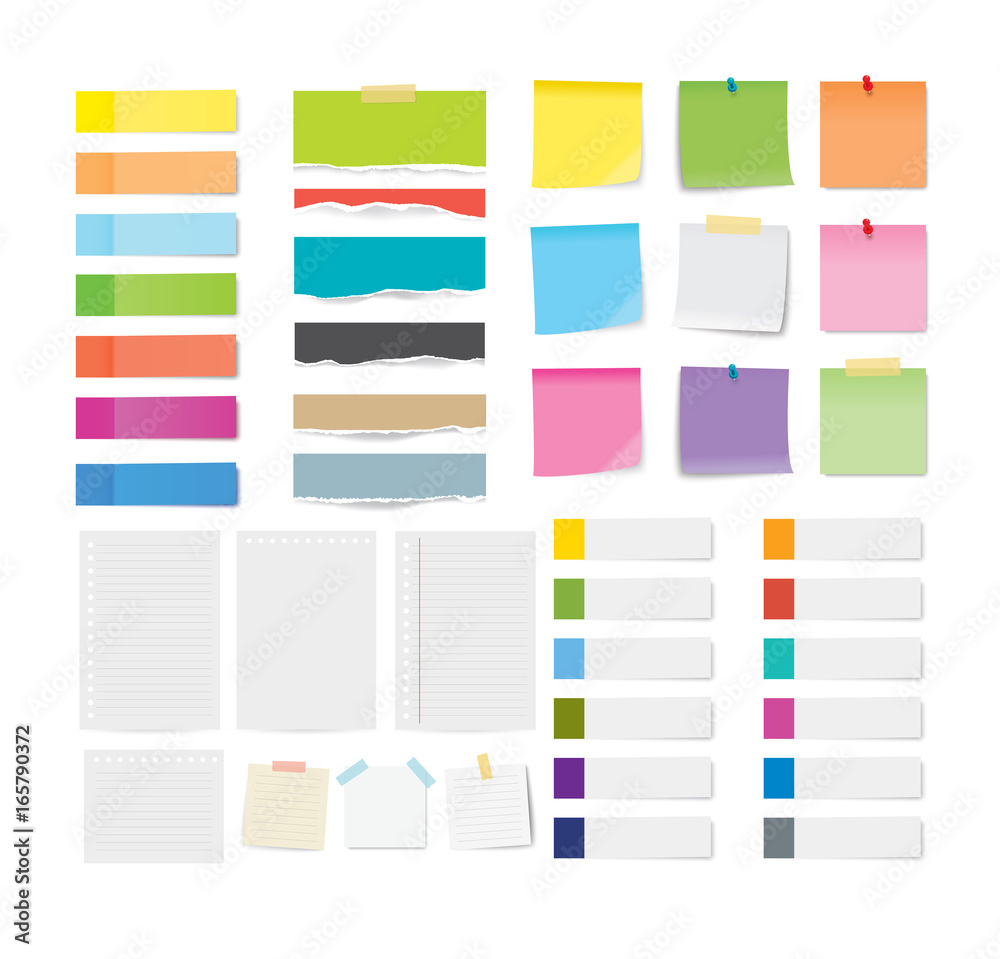 set of sticky note and torn paper sheets isolated background. - obrazy, fototapety, plakaty 