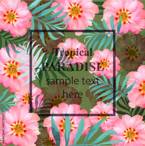 Pink tropical paradise floral card Vector. delicate summer card. Springtime fresh natural composition