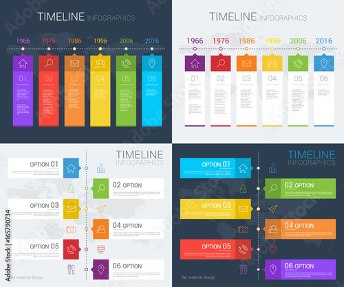 Horizontal and vertical vector timeline info graphic with line icons