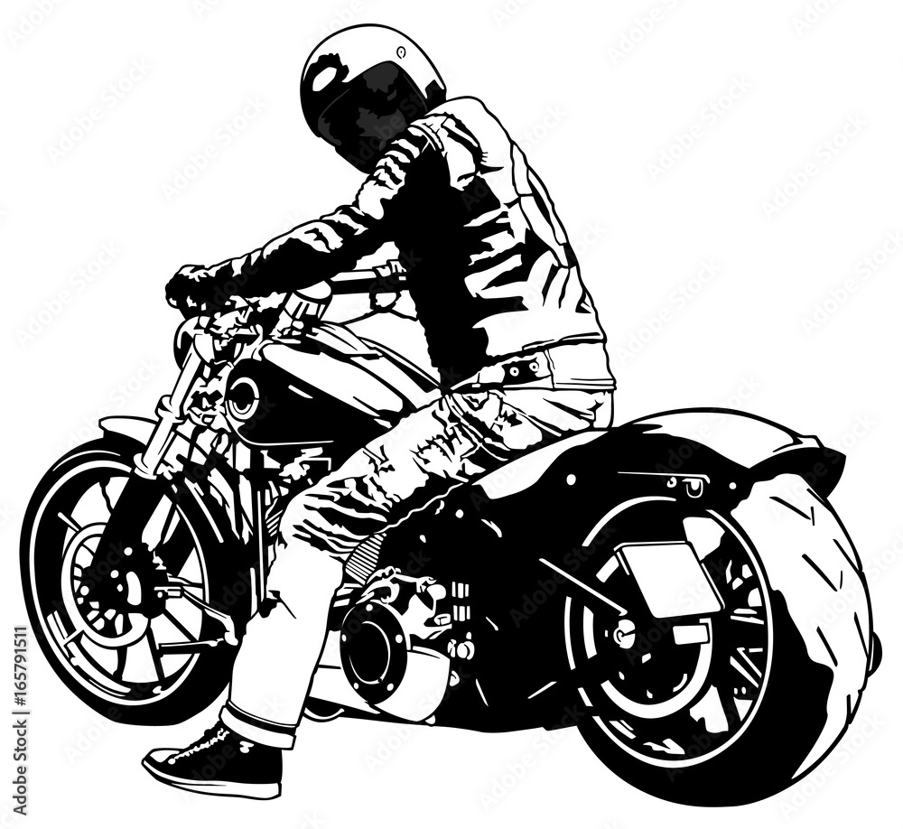 Fototapeta premium Rower i jeździec - czarny i biały ilustracja, wektor