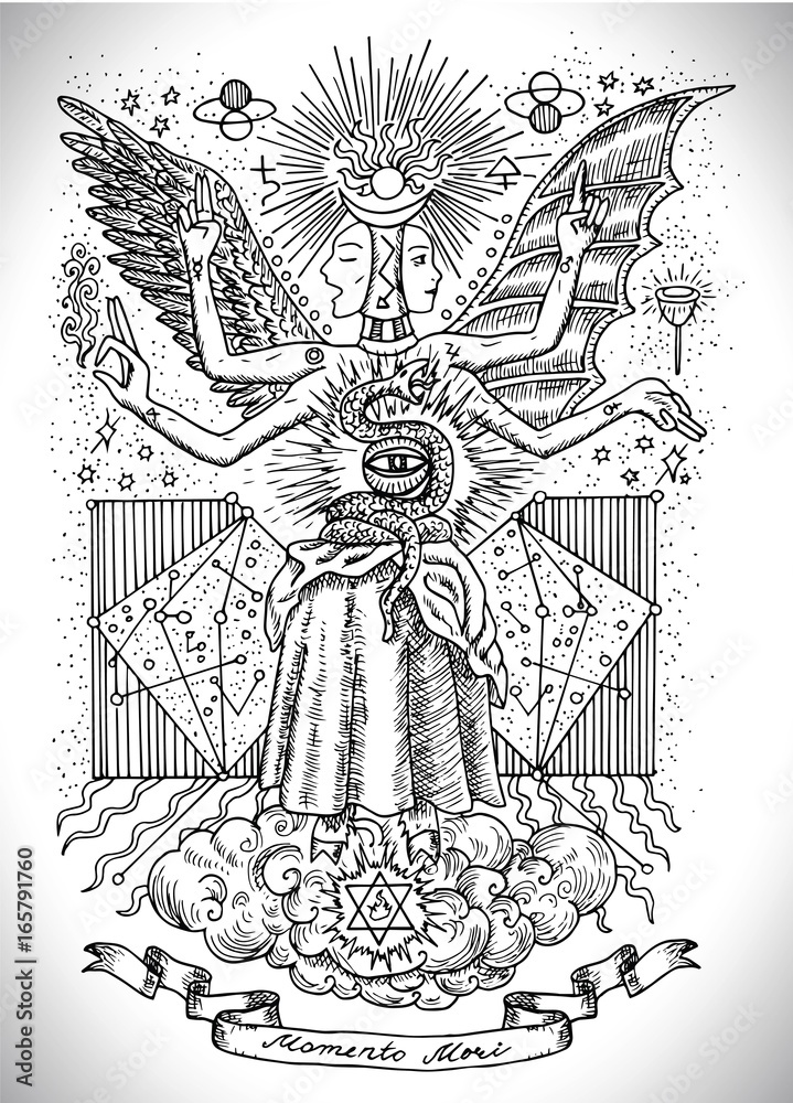 Black and white drawing of mystic and spiritual symbols, goddess of ...