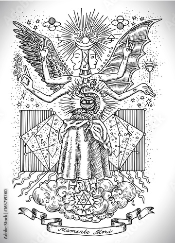 Black and white drawing of mystic and spiritual symbols, goddess of wisdom and eternity, vingette banner and constellations. Occult and esoteric vector illustration
