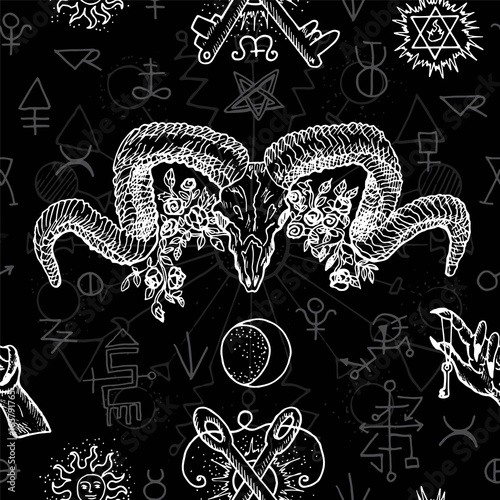 Black and white seamless background with mystic, alchemical and freemason symbols and devils head with horns. Occult and esoteric vector illustration