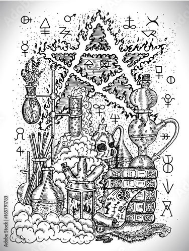 Black and white drawing with alchemical symbols, skull, pentagram and laboratory equipment. Occult and esoteric vector illustration