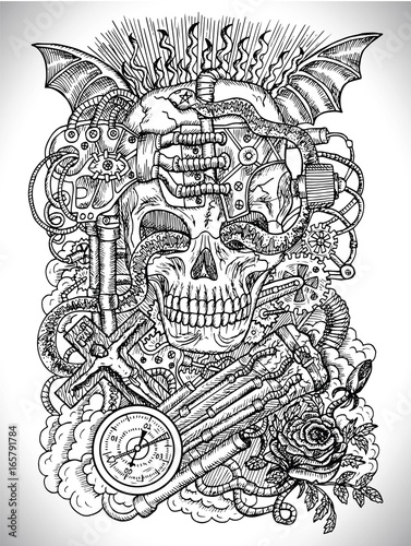 Black and white drawing with scary skull, steampunk and ghotic symbols as rose, demon wings, cross, cogs and wheels. Occult and esoteric vector illustration