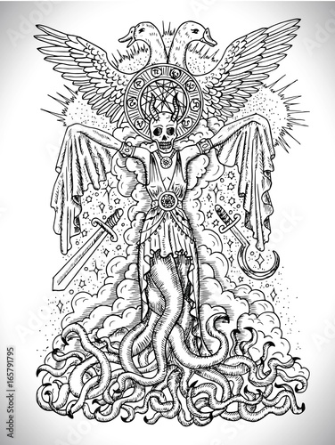 Black and white drawing with evil goddess or female demon with tentacles, skull and mystic spiritual symbols. Occult and esoteric vector illustration