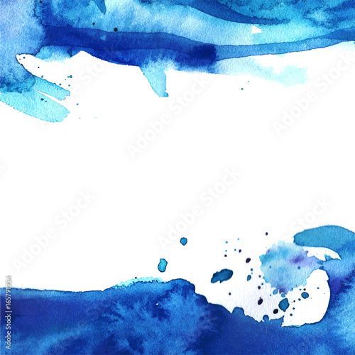 Painted watercolor background, blue wave, splashes, divorces, frame on white background for design, decor © Zaam