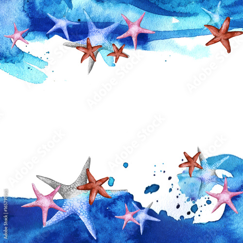 Painted background with watercolor depicting different starfish against a background of blue waves for design and decoration