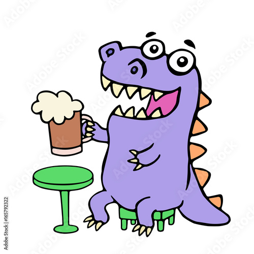 Happy purple dragon sitting with a mug of beer. Vector illustration.