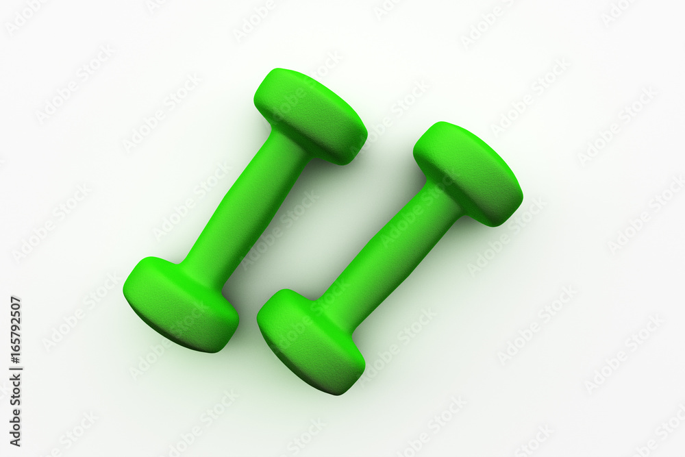 Two of dumbbells green top wiew on white background. 3D illustration. Two of dumbbells green top wiew on white background. 3D illustration.