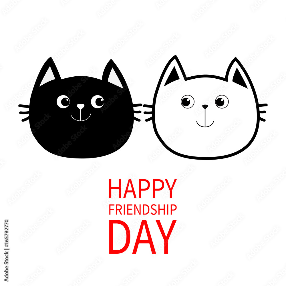 Happy Friendship Day. Black White contour Cat head couple family ...