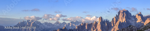 Cadini mountains with Cima Cadin di NE, San Lucano and Torre Siorpaes, as viewed from Rifugio Lavaredo, near the Three Peaks in the italian Dolomites.