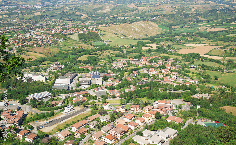 Panorama of Republic of San Marino and Italy from Monte Titano, City of San Marino.