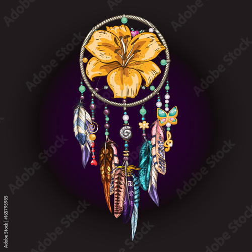 Hand drawn ornate Dreamcatcher with feathers, jewels, colorful gemstones and lily flower on black background.