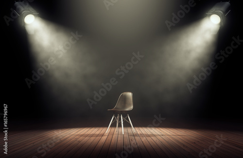 Spotlights illuminate empty stage with chair in dark background. 3d rendering