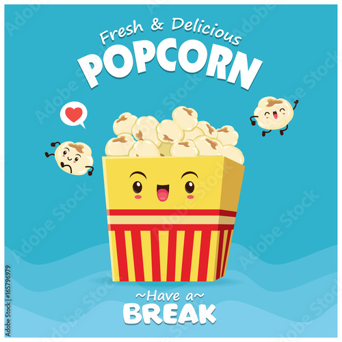 Vintage food poster design with popcorn character.