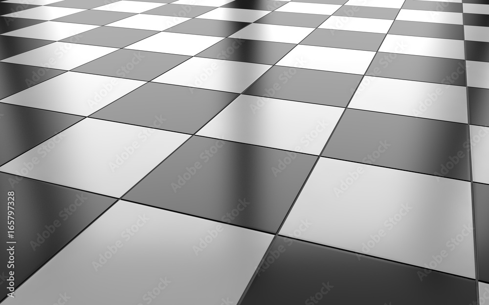Black and white glossy ceramic tile floor background. 3d rendering