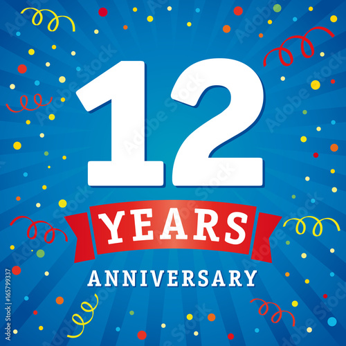 12 years anniversary logo celebration card. 12th years anniversary vector background with red ribbon and colored confetti on blue flash radial lines