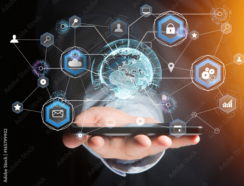 International business network connection displayed on a futuristic interface with technology icon and sphere globe - Worldwide business concept International business network connection displayed on a futuristic interface with technology icon and sphere globe - Worldwide business concept