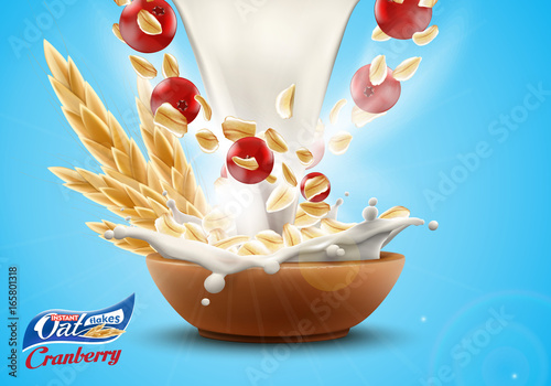 Oat flakes with fresh cranberry, in big milk splash advertising flyer vector illustration. High quality art for ads broshure, poster or label design