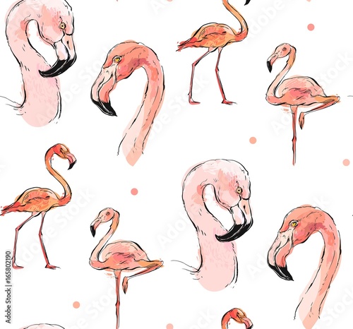 Hand drawn vector abstract graphic pink pastel flamingo tropical birds seamless pattern with freehand textures isolated on white background
