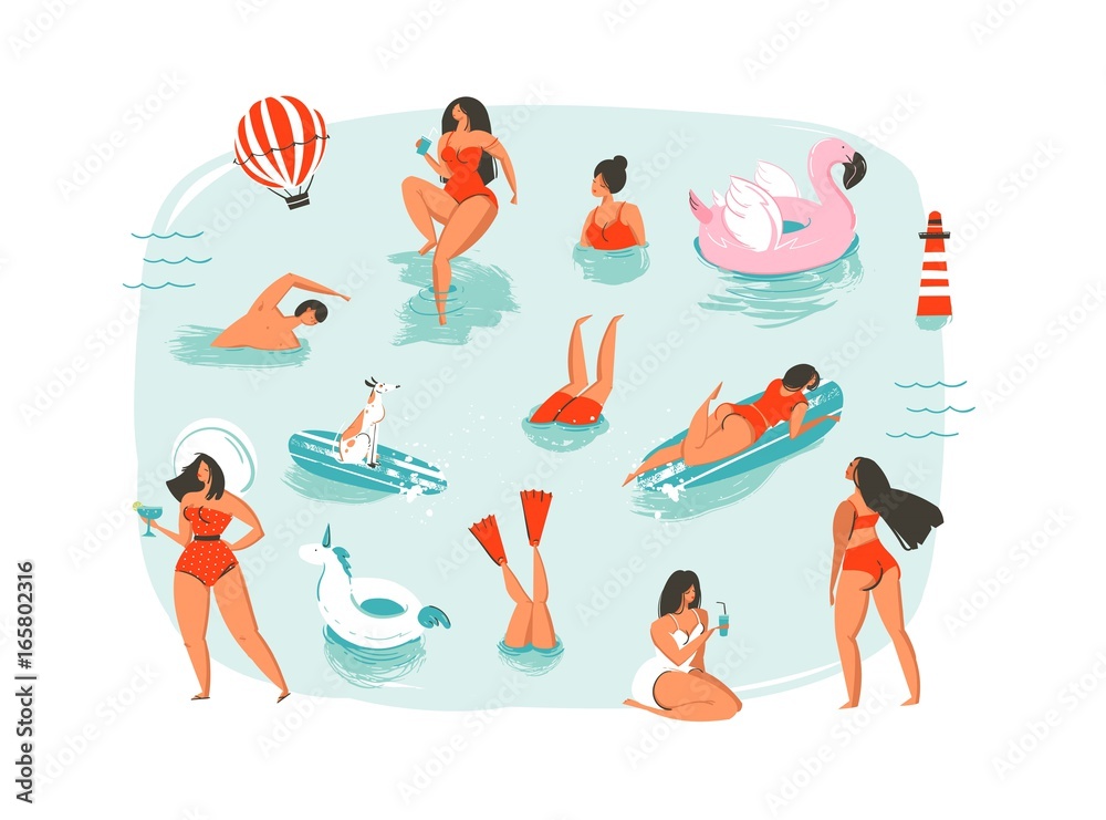 Hand drawn vector abstract cartoon summer time fun swimming people group collection illustrations set isolated on blue ocean waves Hand drawn vector abstract cartoon summer time fun swimming people group collection illustrations set isolated on blue ocean waves