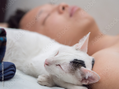 Cat Sleep with its Owner