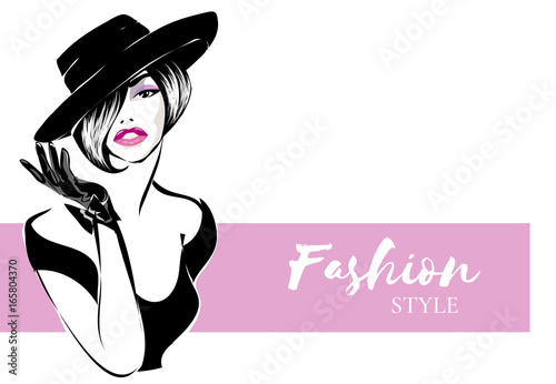 Black and white retro fashion woman portrait with pink background. Model silhouette sketch style hand drawn vector