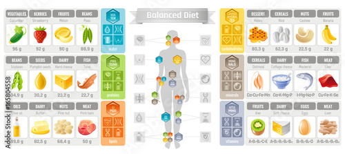 Balance diet infographic diagram poster. Water protein lipid carbohydrate mineral vitamin flat icon set. Table vector illustration human health care, medicine chart. Food Isolated white background photo