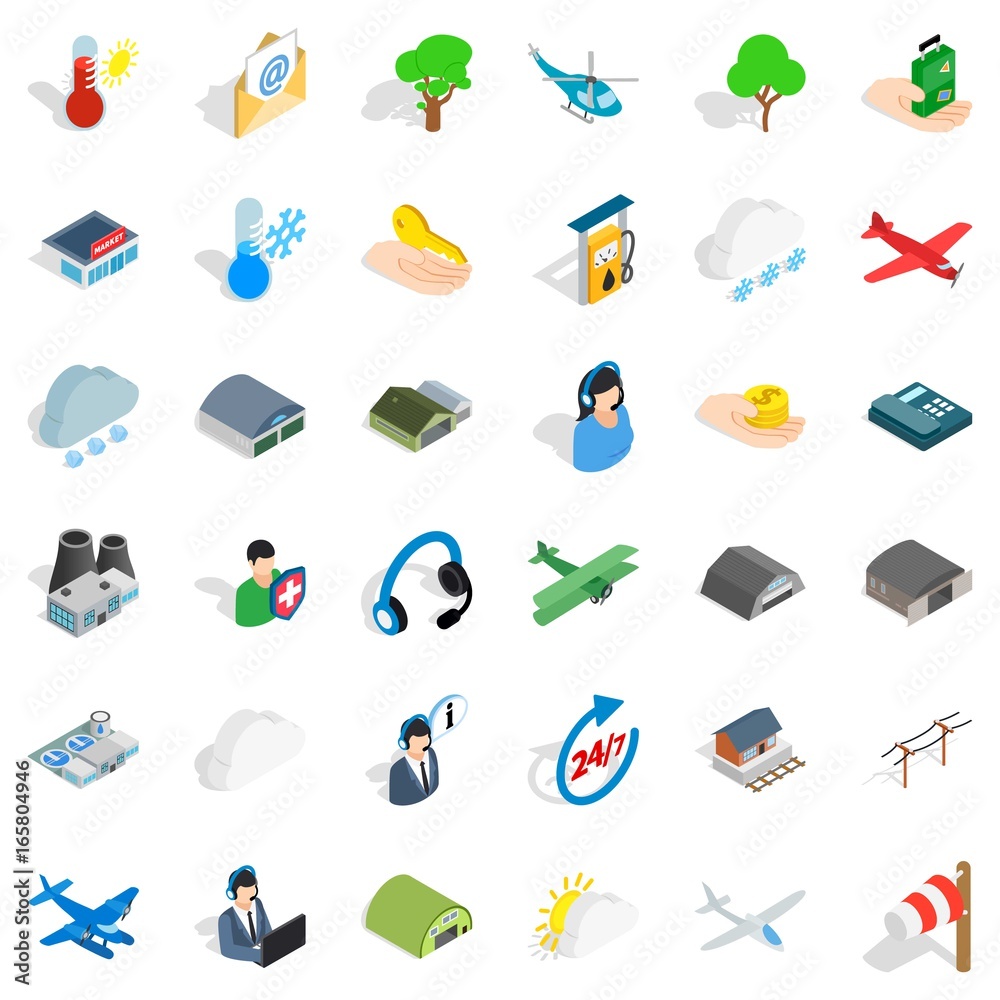 All day airport icons set, isometric style All day airport icons set, isometric style