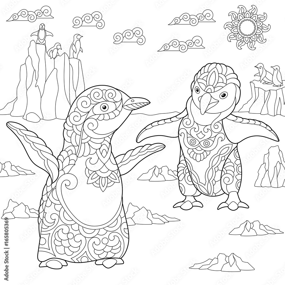 Fototapeta premium Coloring page of young penguins among arctic landscape. Freehand sketch drawing for adult antistress coloring book in zentangle style.
