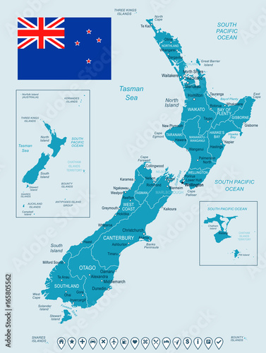 New Zealand - map and flag illustration