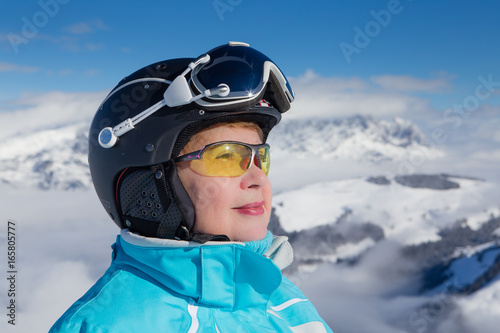 Portrait skier mountains in the background. Ski resort Soll, Tyrol, Austria