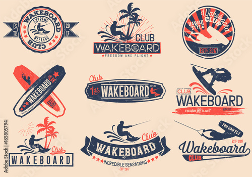 Vintage vector set of logos for the wakeboard club for your unique design, printing on a T-shirt, the Internet. photo