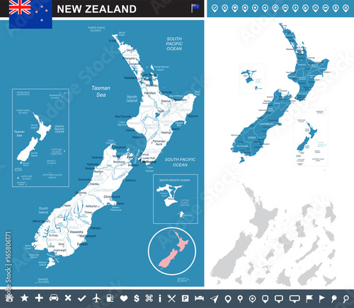 Obraz na płótnie New Zealand - infographic map and flag illustration
