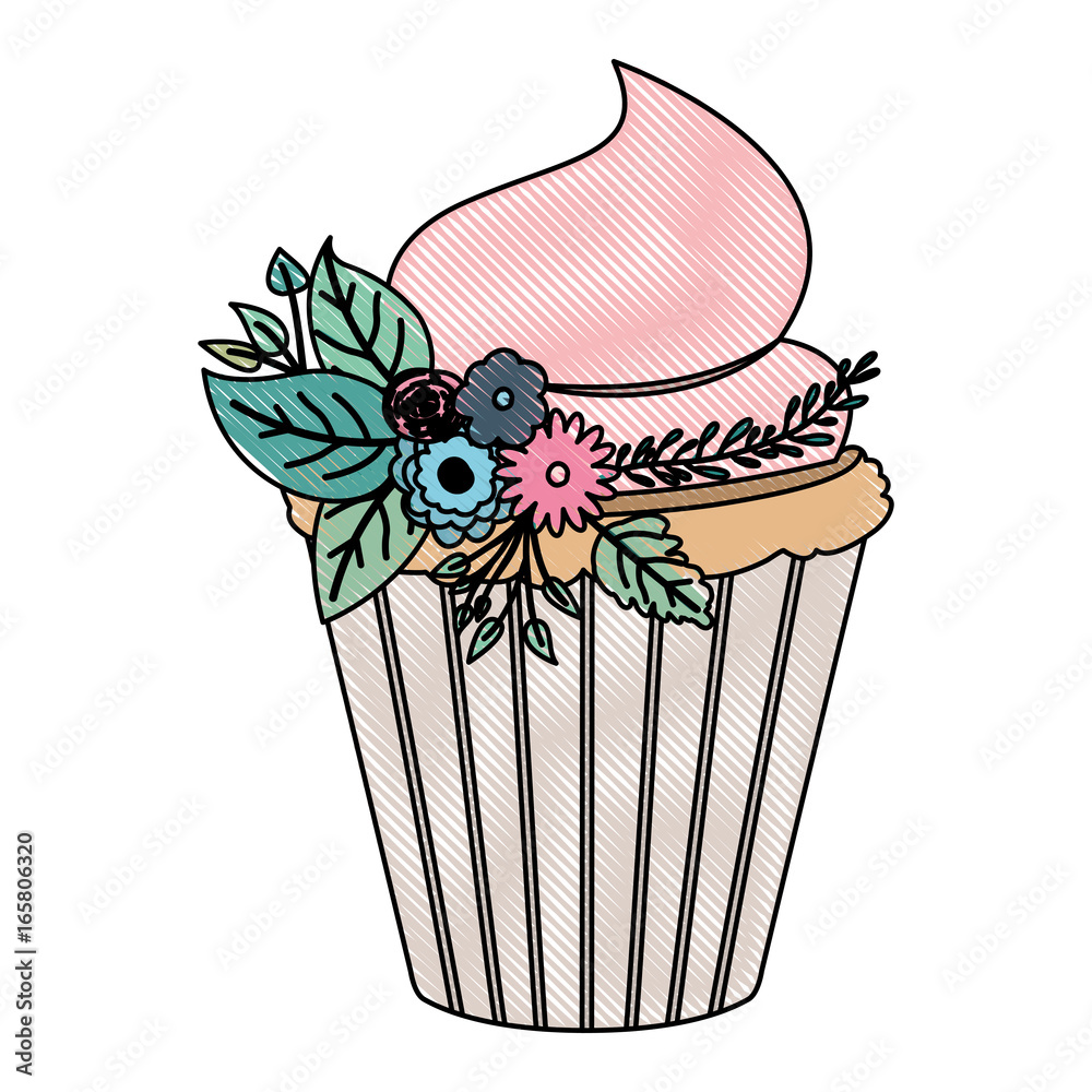 Fototapeta crayon silhouette of hand drawing color cupcake with pink buttercream and ornament plants decorative