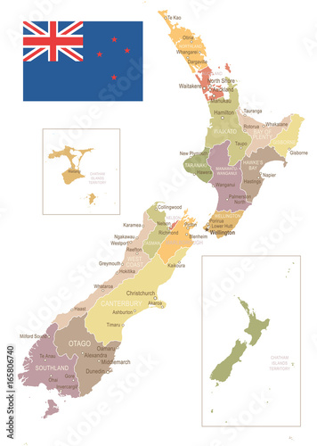 Fotografie, Obraz New Zealand - vintage map and flag - illustration