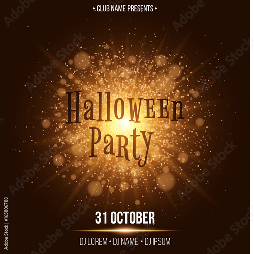 Halloween party. Bautiful text in the style of Horor. Abstract large bright flash of light with golden lights. The names of the club and DJ. Luxurious invitation card for the holiday