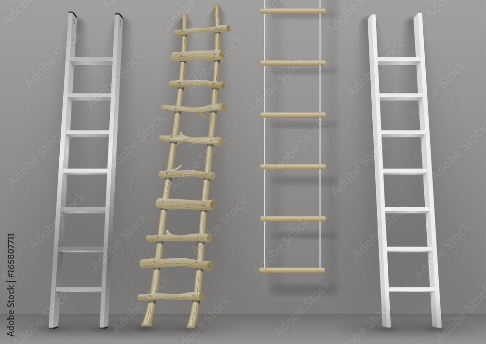 A set of different ladders made of wood or metal. Rope-ladder. Vector graphics with transparency effect A set of different ladders made of wood or metal. Rope-ladder. Vector graphics with transparency effect