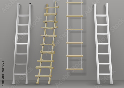 A set of different ladders made of wood or metal. Rope-ladder. Vector graphics with transparency effect