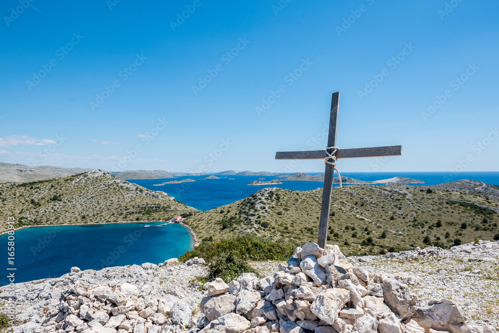 Aerial view of Cross overlooking of Kornati islands in National park in Croatia, Adriatic sea:SIBENIK,CROATIA,May 28,2017
