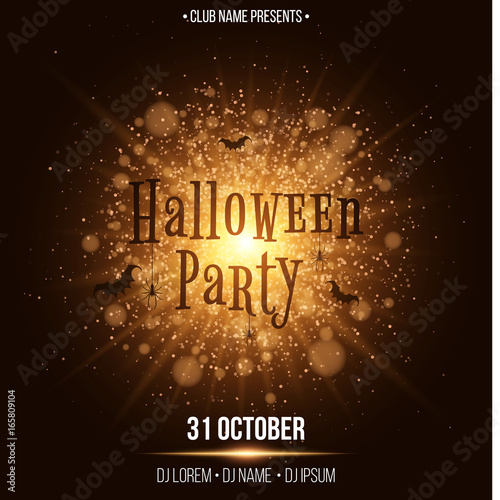 Halloween party. Text in the style of Horor. Abstract bright flash of light with golden lights. Black spiders and bats. Names of the club and DJ. Luxurious invitation card for the holiday
