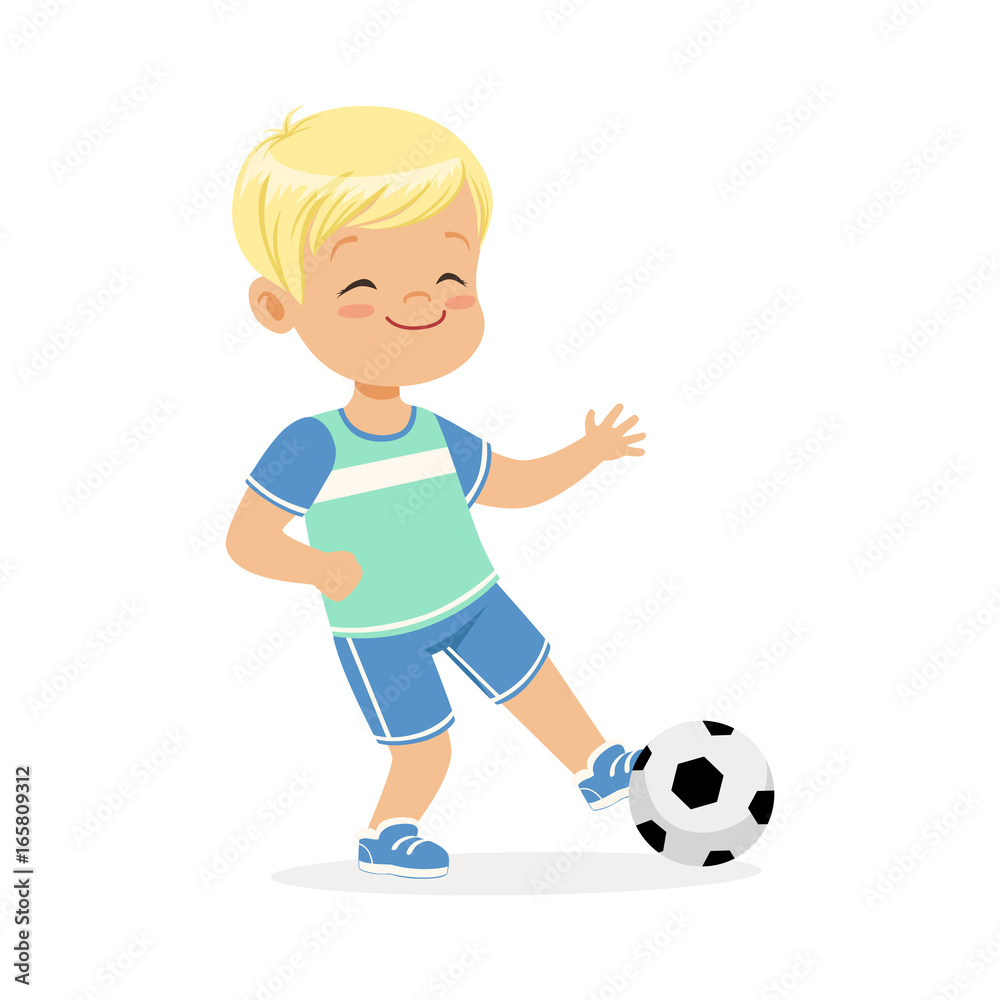 Boy playing soccer, kid kicking a ball colorful character vector Illustration