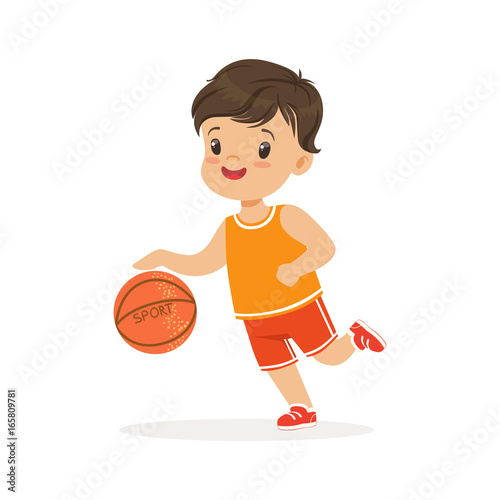 Boy playing basketball, player is moving dribble colorful character vector Illustration
