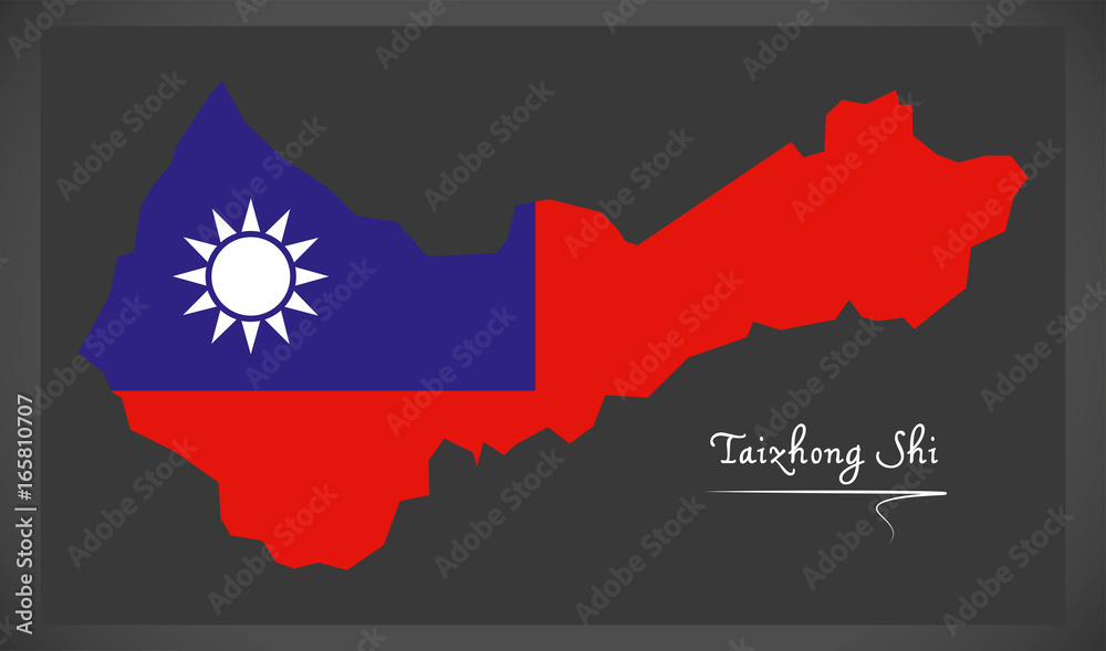 Fototapeta premium Taizhong Shi Taiwan map with Taiwanese national flag illustration