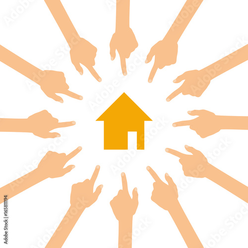Viele Hände zeigen auf - Haus