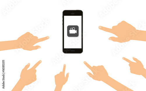 Finger zeigen auf Smartphone mit retro Videokamera