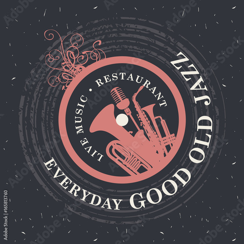 Vector banner for restaurant with live music with wind instruments and vinyl record on the black cardboard background in retro style