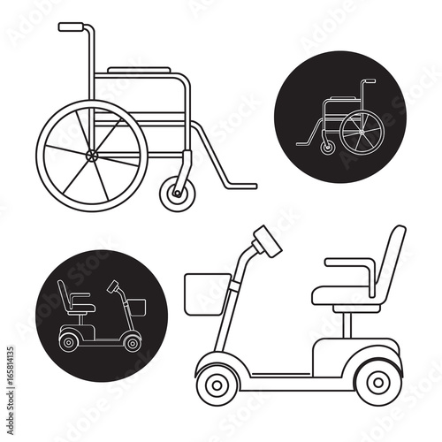 Line art style set of mobility scooter and wheelchair icons